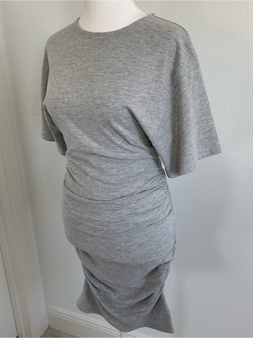 Zara Light Grey Ruched Short Sleeve Mini T-Shirt Dress